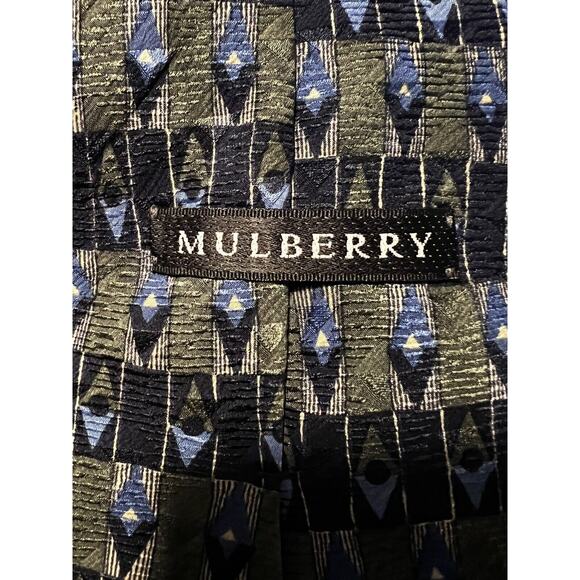 Mulberry EUC 100% Silk Tie Necktie Olive/Blue Diamond Geometric Pattern 55"x3.5" - Picture 4 of 4